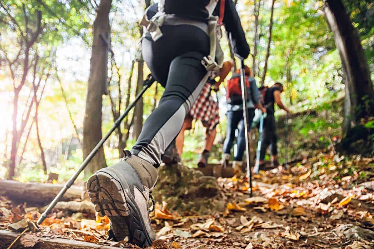 Hiker woman with trekking sticks climbs steep on mountain trail, focus on boot, How To Hike Without Getting Tired [7 Crucial Tips!]