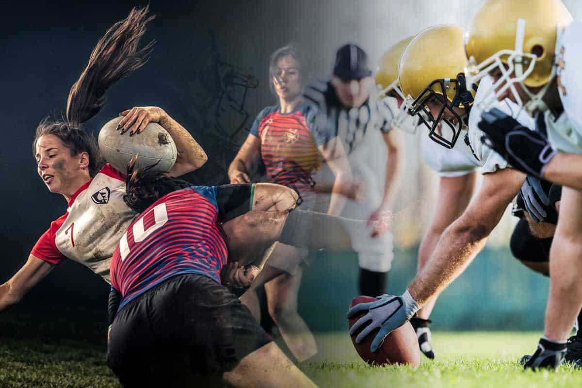 A collage of American football players starting a match and a Female rugby player getting tackled against a black background, Is Football More Dangerous Than Rugby?  
