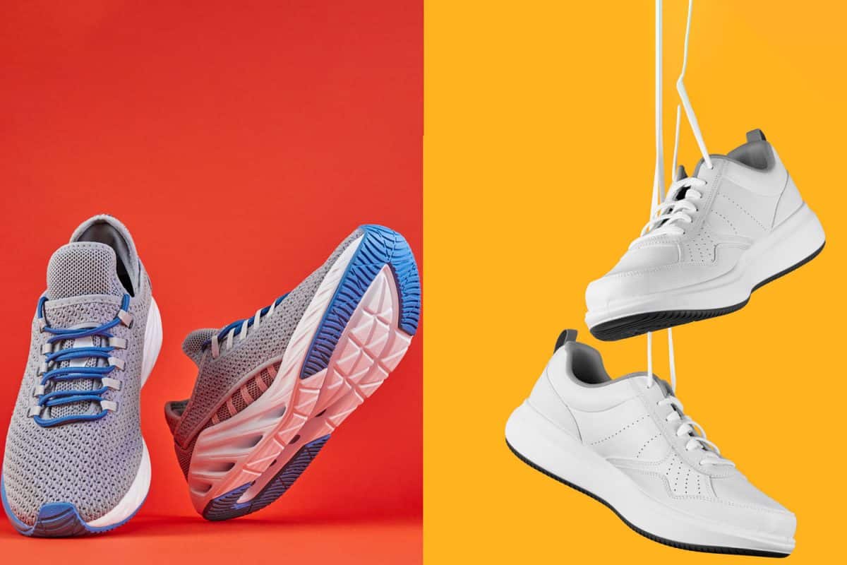 A collage of tennis shoes on orange background and Pair of white male sneakers on yellow background, Tennis Shoes vs. Sneakers: Which To Choose?