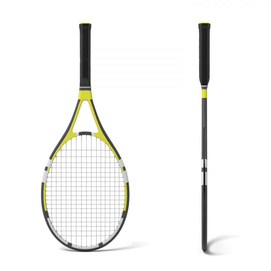 A black and yellow colored tennis racket on a white background