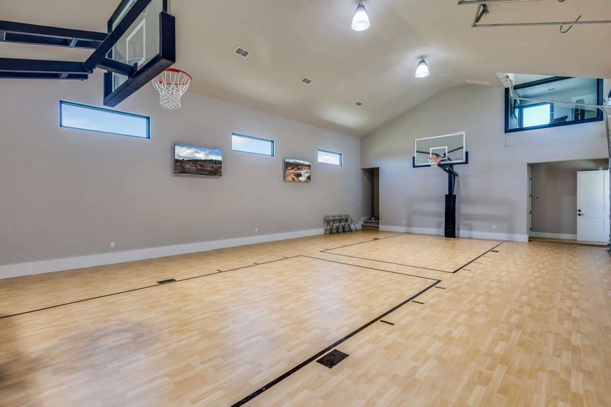 An indoor basketball court