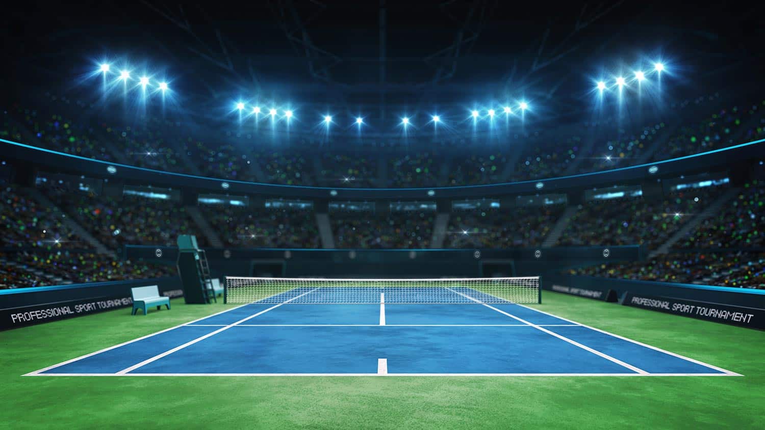 Blue tennis court and illuminated indoor arena with fans
