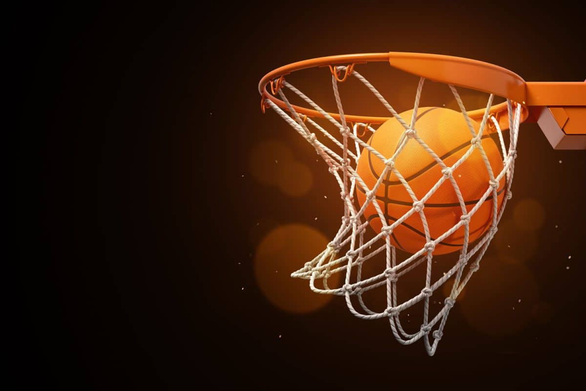 Detailed photo of a basketball ring and a ball