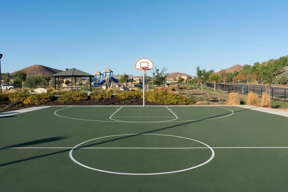Wide angle view of public basketball court