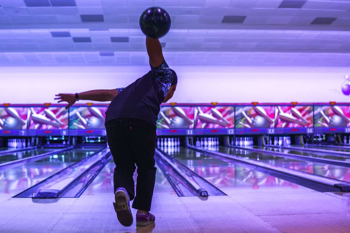 bowling ball ready to strike into the tenpins bowling lanes